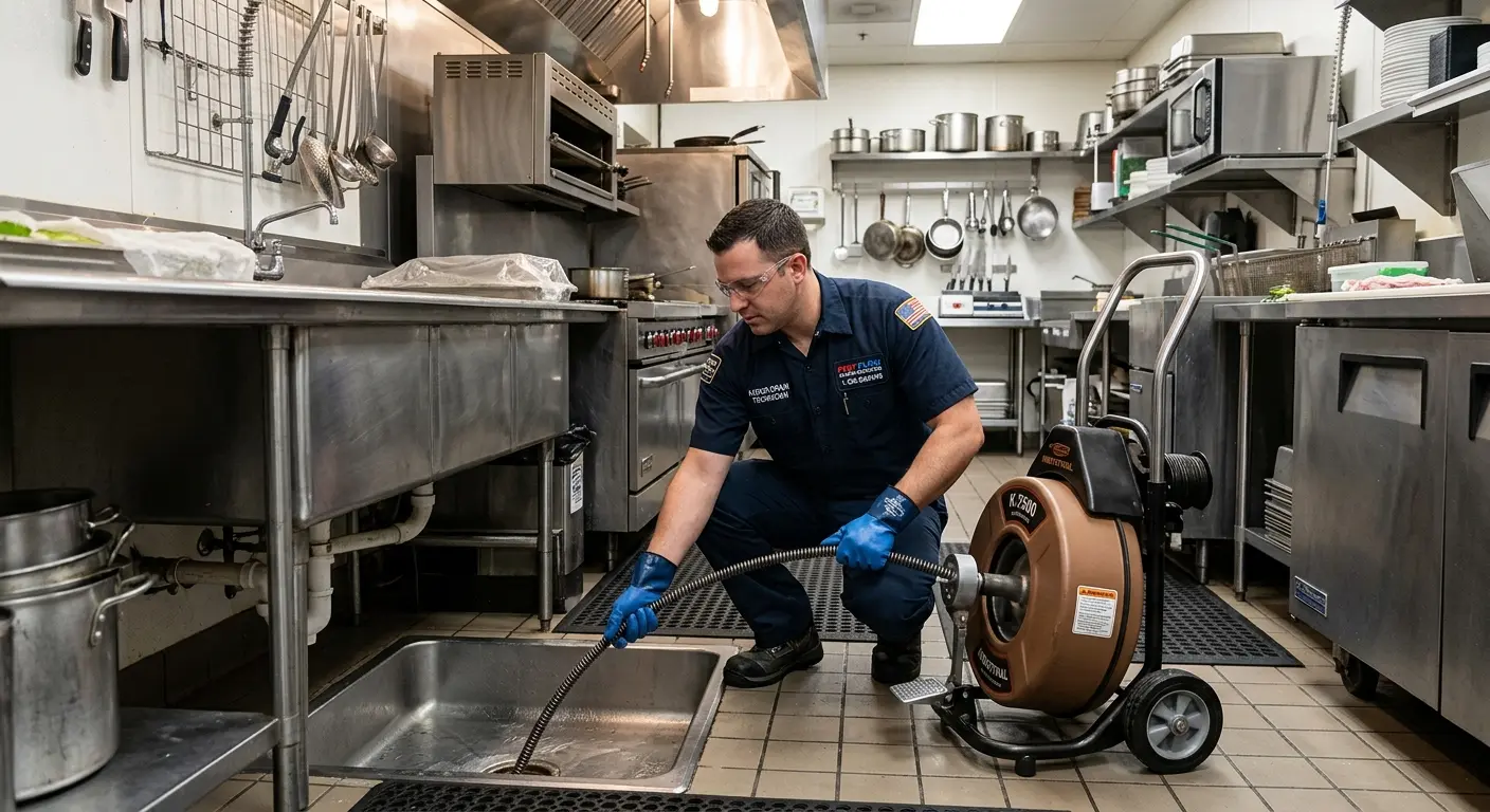 Commercial drain cleaning service in a restaurant kitchen in North Canton