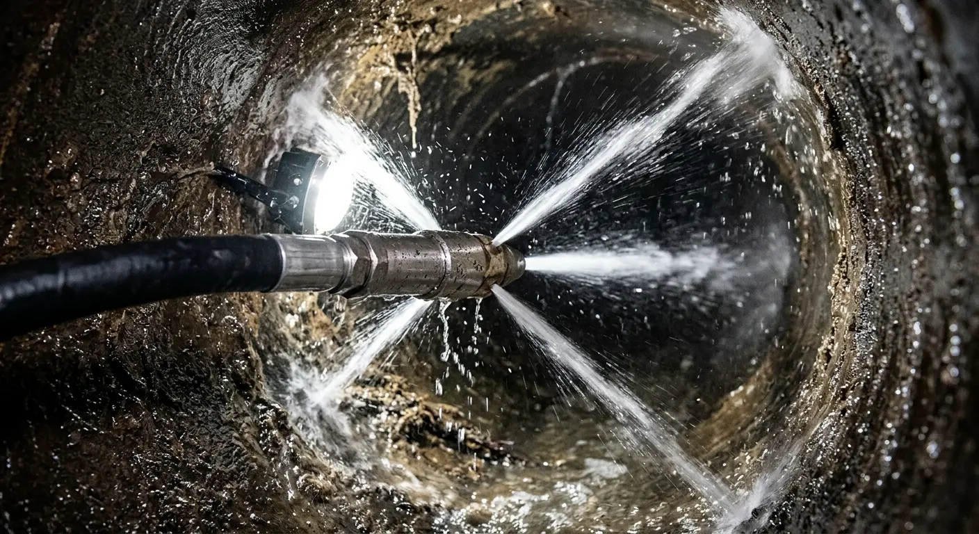 High-pressure hydro jetting nozzle cleaning sewer pipe for Sewer Cleanout in North Canton