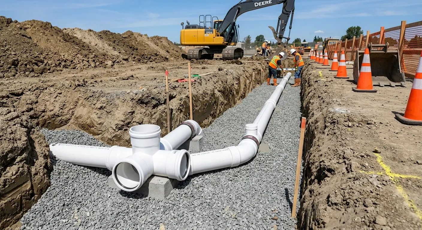 New PVC sewer pipe installation in open trench for Commercial Drain Cleaning in North Canton
