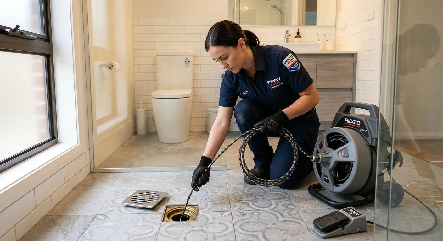 Technician clearing a bathroom floor drain for Clogged Drain Repair in North Canton